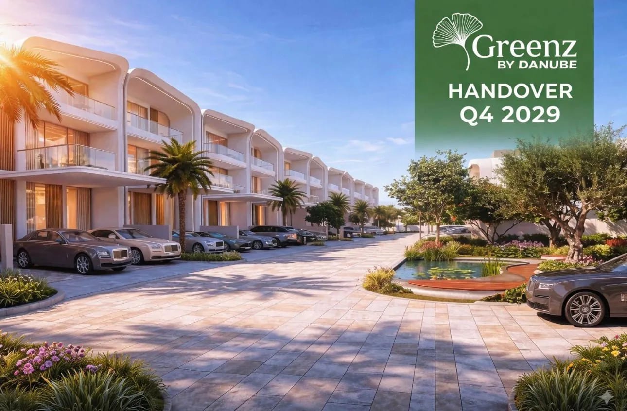 Greenz by Danube townhouse street view — fully furnished villas, Dubai Academic City
